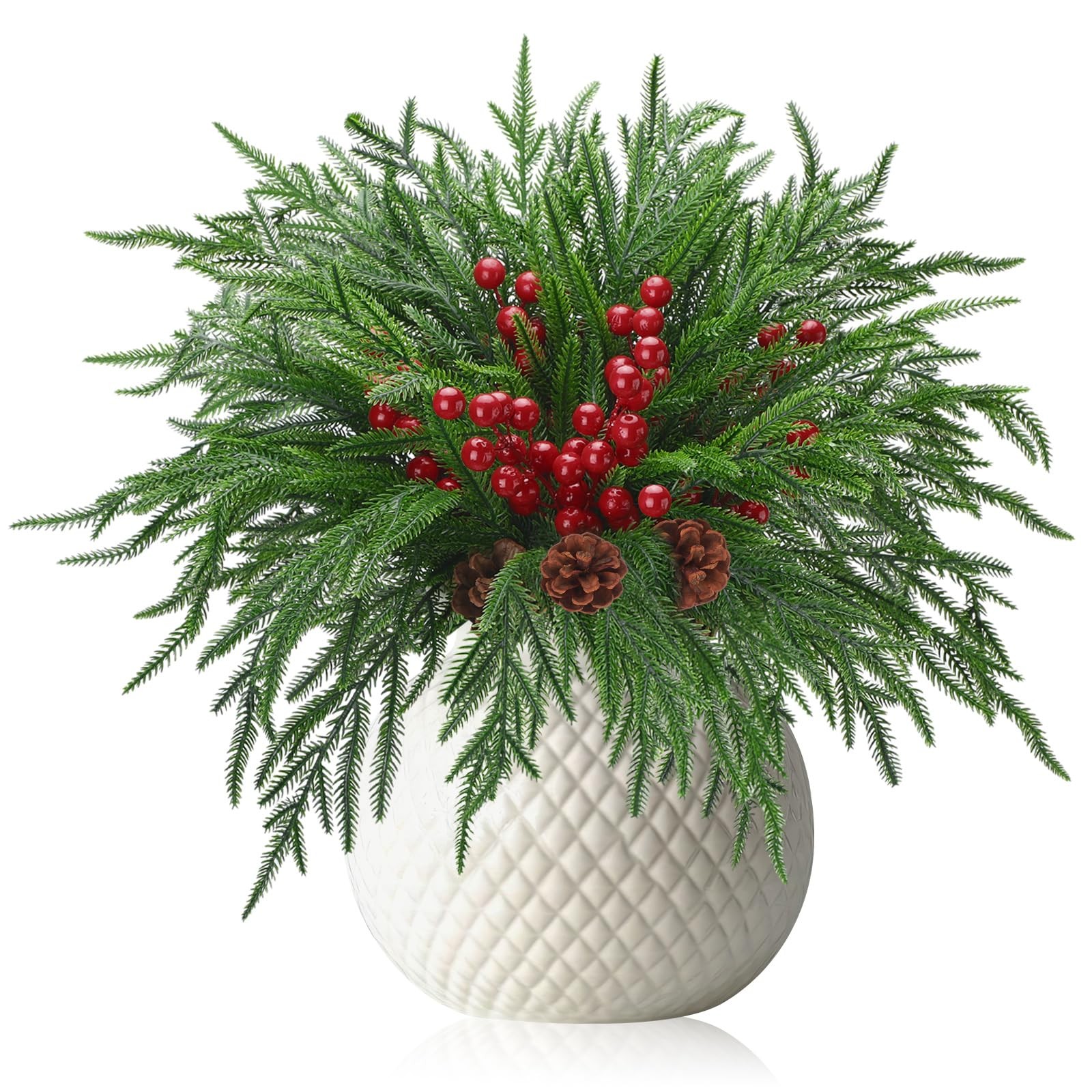 Riceshoot 12 Pcs Norfolk Pine Branches with Red Berries Pine Cones 17.7″ Green
