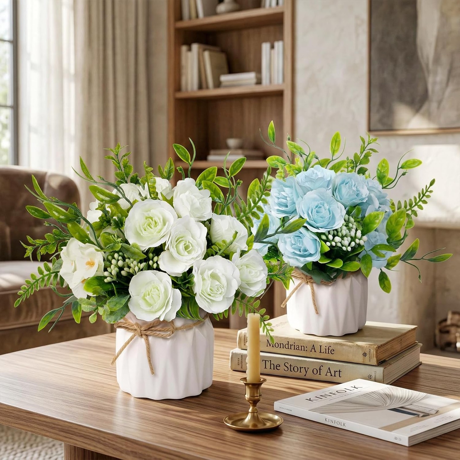 Artificial Silk Roses in Ceramic Vase, No Maintenance Faux Flower Arrangement