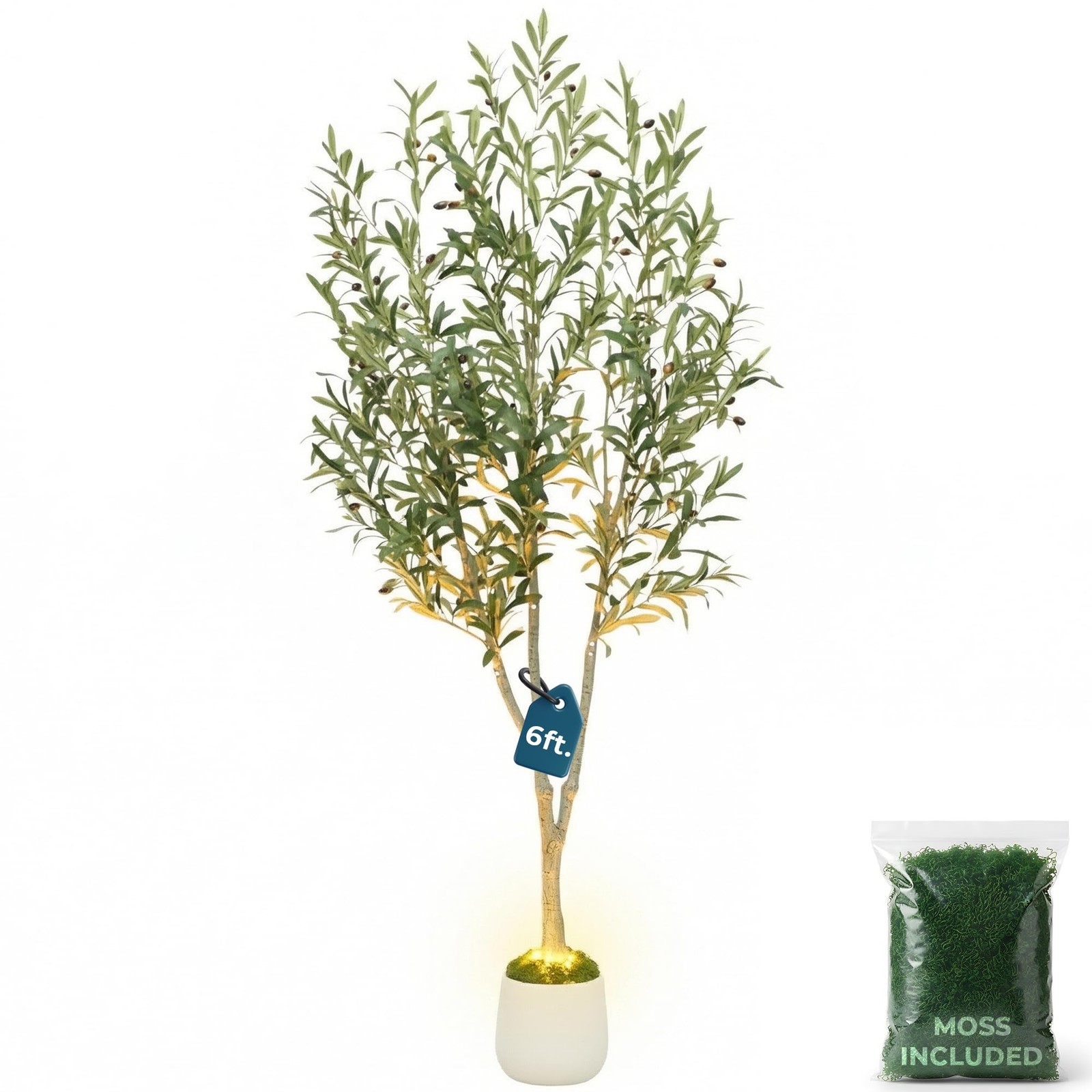 6ft (180 cm) Artificial Olive Tree with White Pot, Moss & USB LED – 943 Leave…