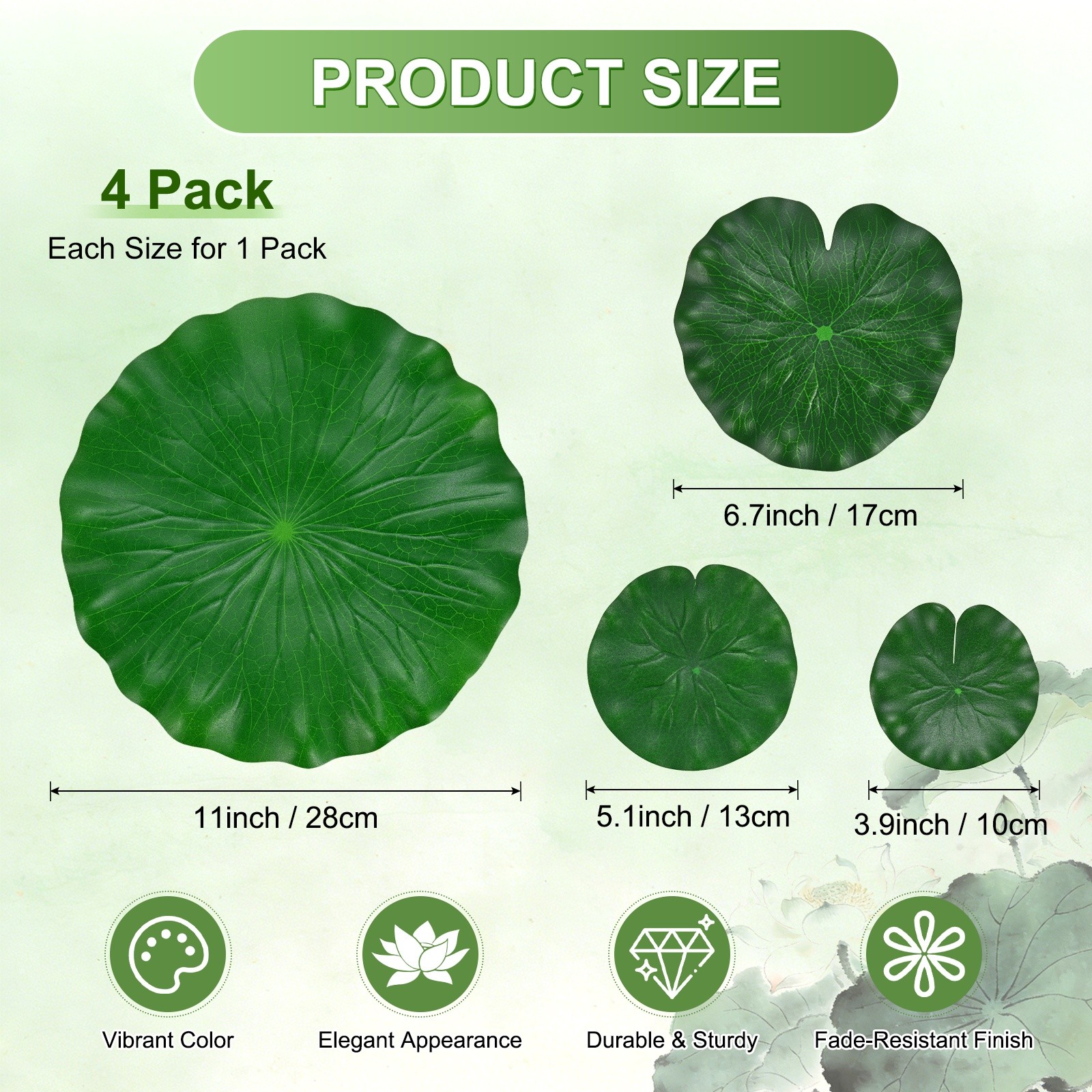 4-Pack Artificial Floating Foam Water Lily Pads Leaves, 4 Sizes [Green]