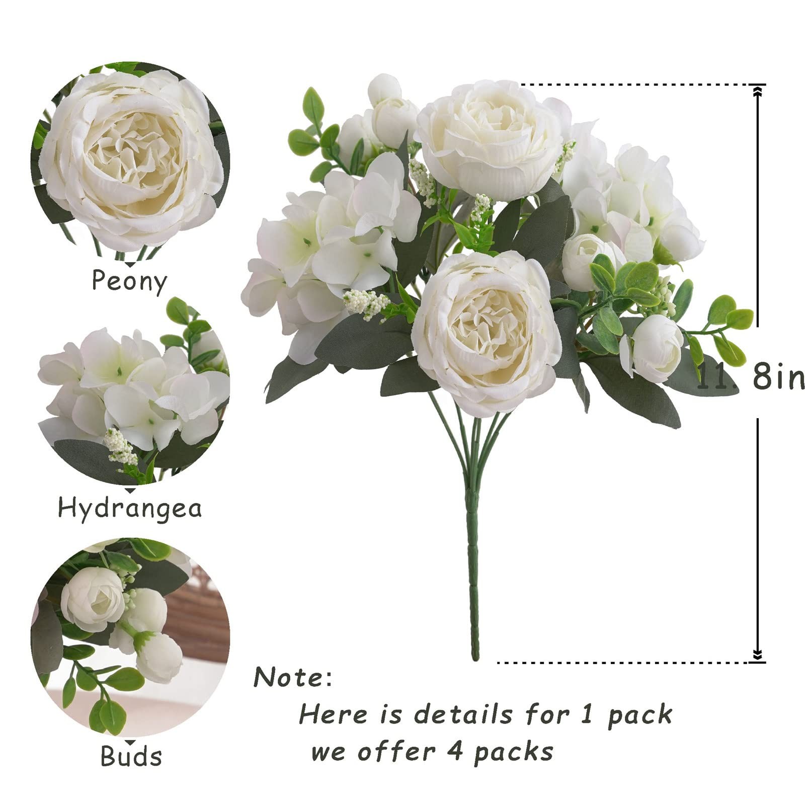 4 Bunches White Peonies Artificial Flowers Faux Roses Bouquet White Decor