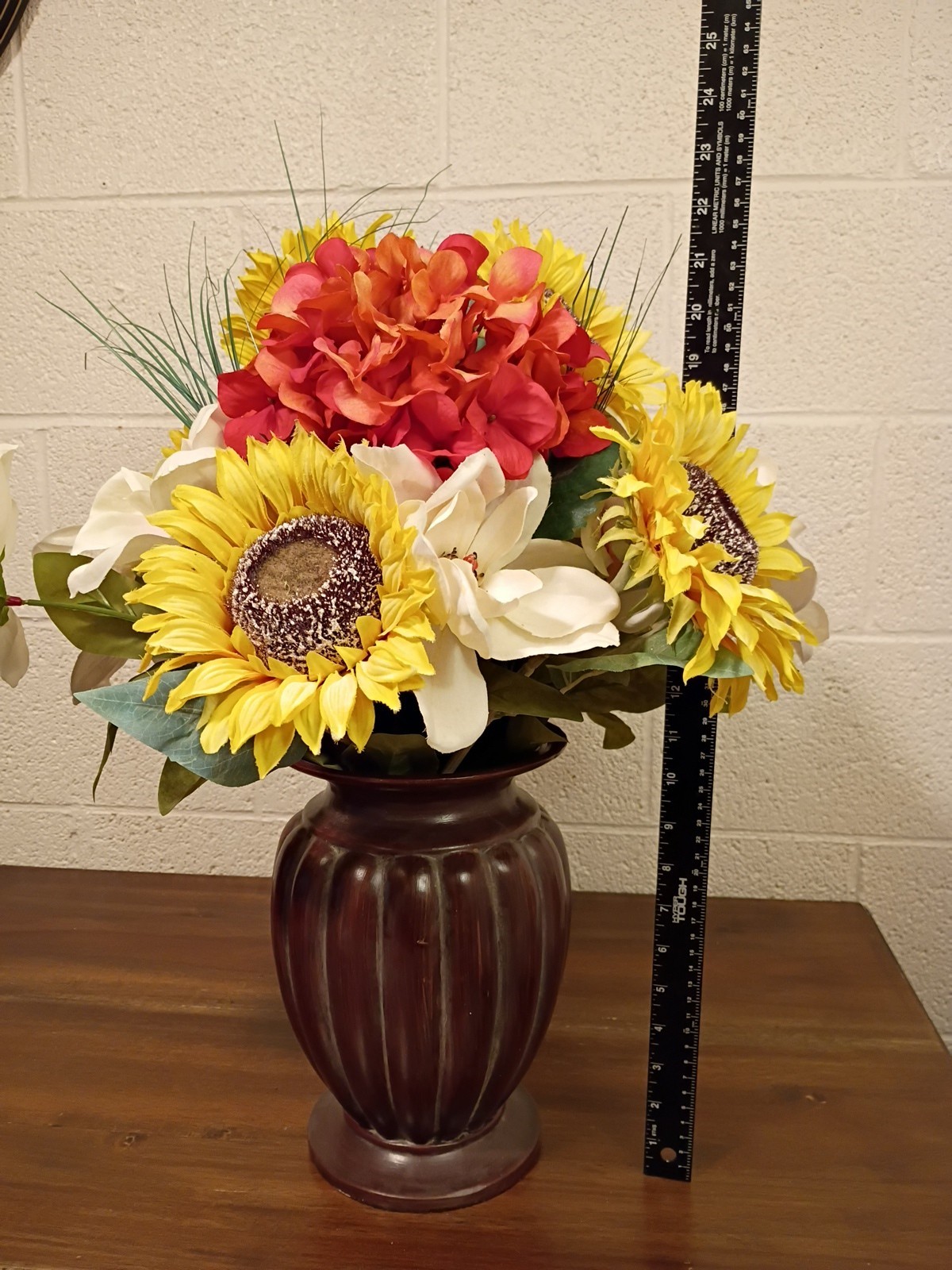 Bouquet of Large Silk Flowers In Bronze Vase