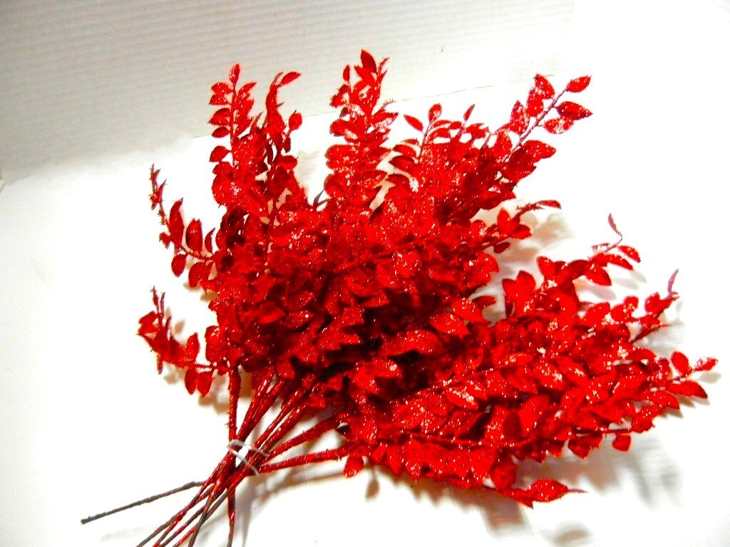 7 Artificial 17″T RED Glittered Leaves Branches Stems Crafts Centerpiece