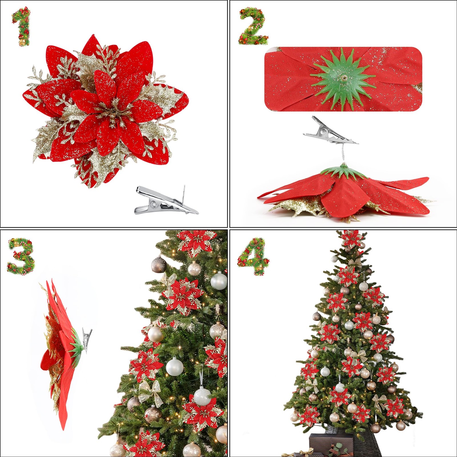 24 Pcs Red Gold Poinsettia Artificial Christmas Flowers 5.5″ Glitter Poinsett…