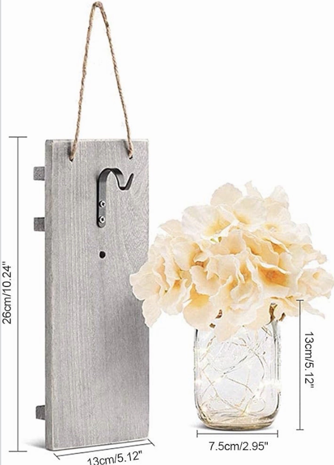 2 Rustic Wall Hanging Mason Jar Vases w/ Artificial White Hydrangea, Gray Wood