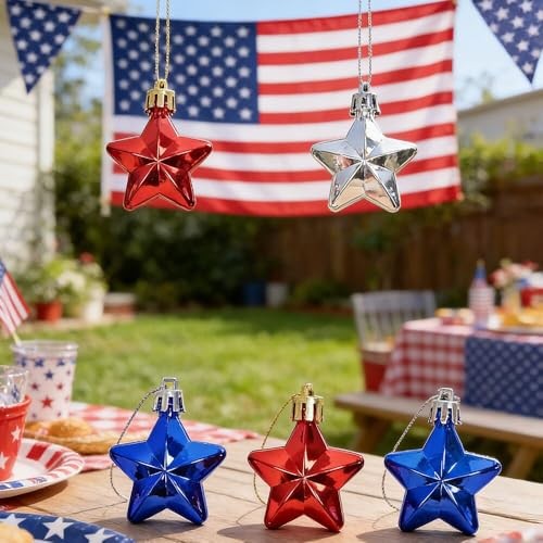 24 Pcs Mini Star Ornaments 4th of July Patriotic Hanging for Tree, Memorial