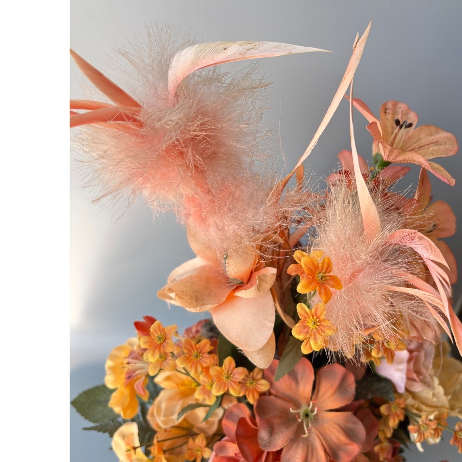 Vtg Silk Floral Arrangement Peach Feathers Roses Brass Bowl Made in India 15″