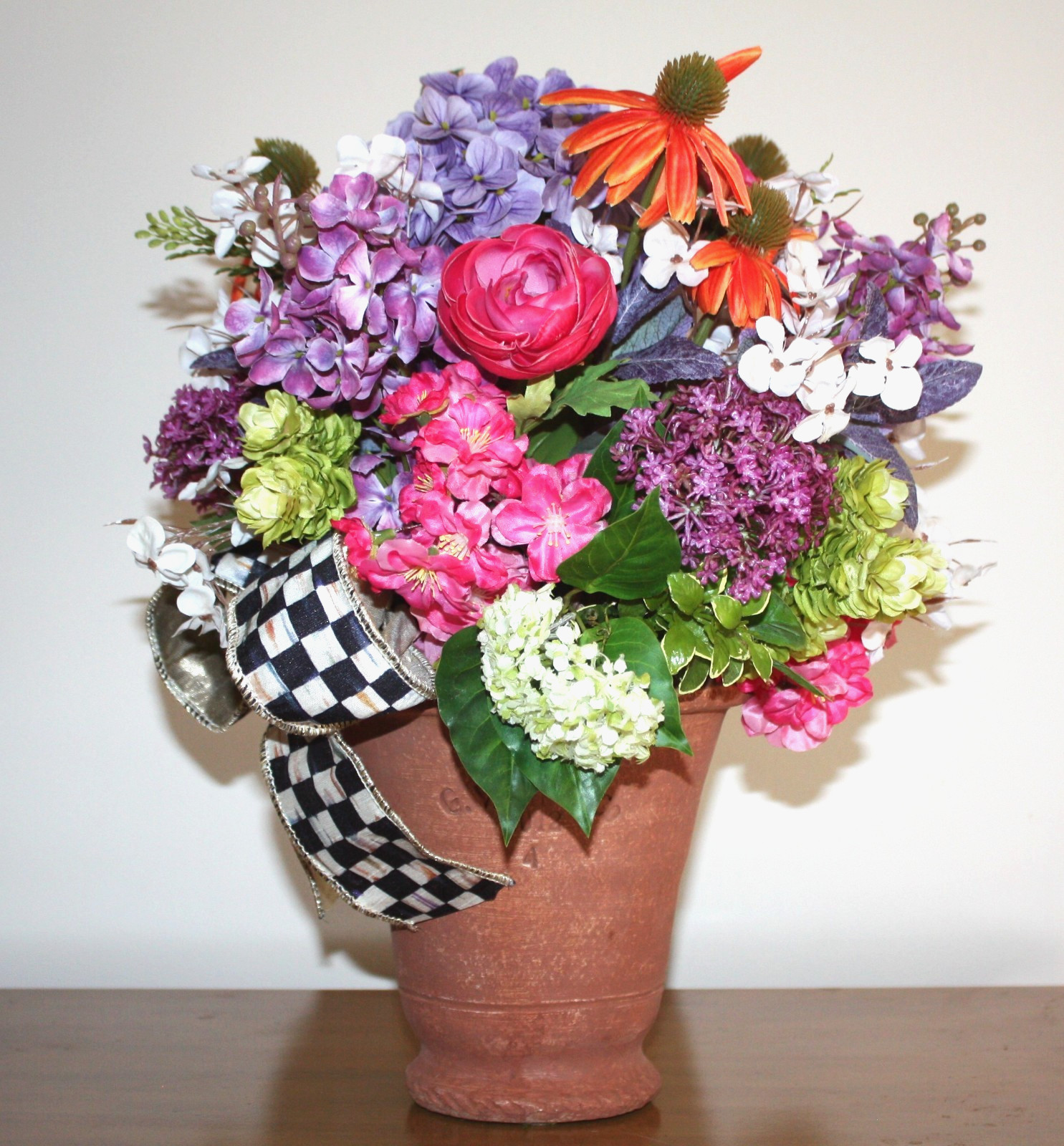 Faux Floral Arrangement Potted in G. Wolff Planter With Mackenzie Childs Bow!
