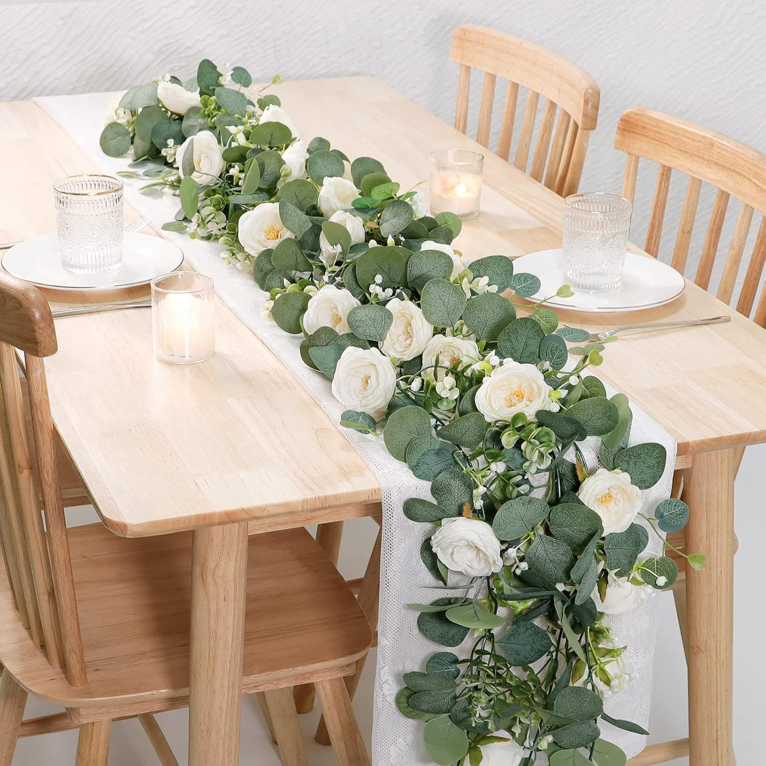 2 Pack 13Ft Artificial Eucalyptus Flower Garland with White Roses, Fake Rose Flo