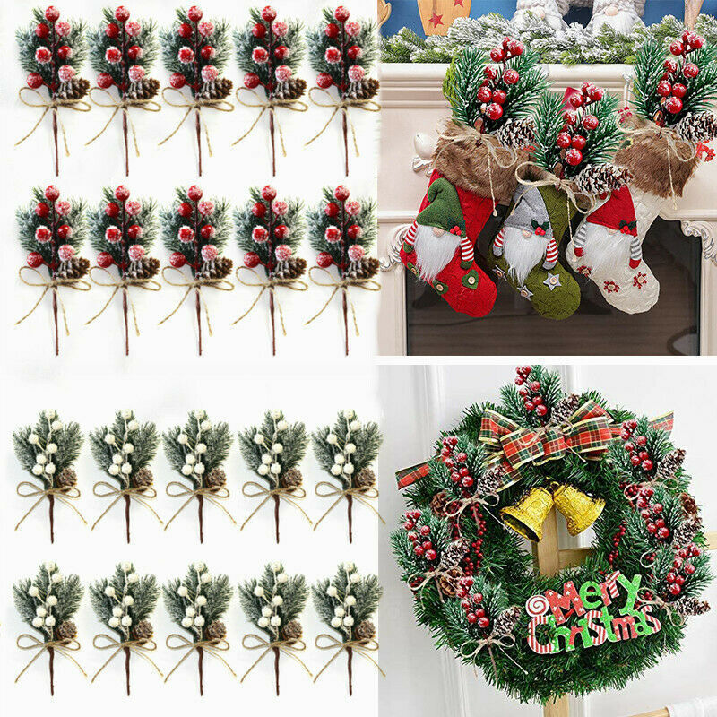 10× Christmas Berries Pine Cones Artificial Pine Picks with Snowflakes Holly US