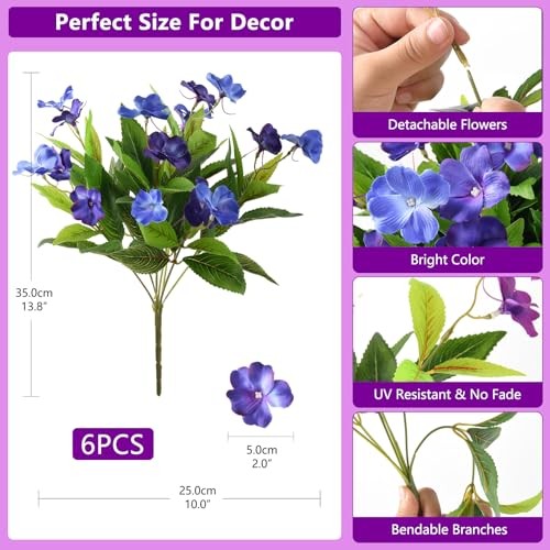 Artificial Fake Flowers for Outdoor, 6 Bundles UV Resistant Dark&light Blue