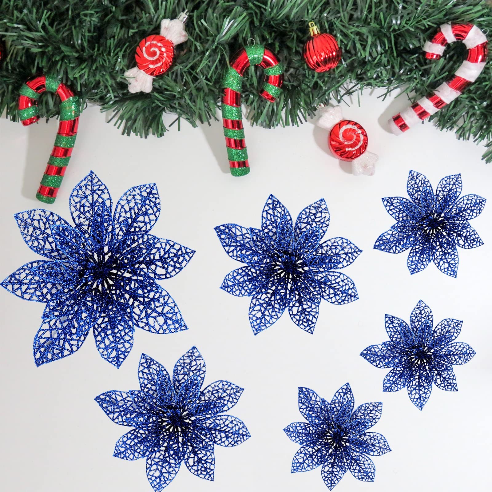 24 Pieces Glitter Poinsettia Flowers Christmas Tree Ornaments, Glitzy Poinset…
