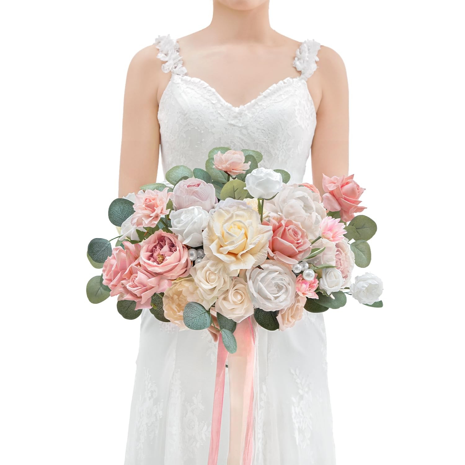 11 Inch Wedding Bouquets for Bride，Champange&Pink Artificial Flowers Bouquet，…