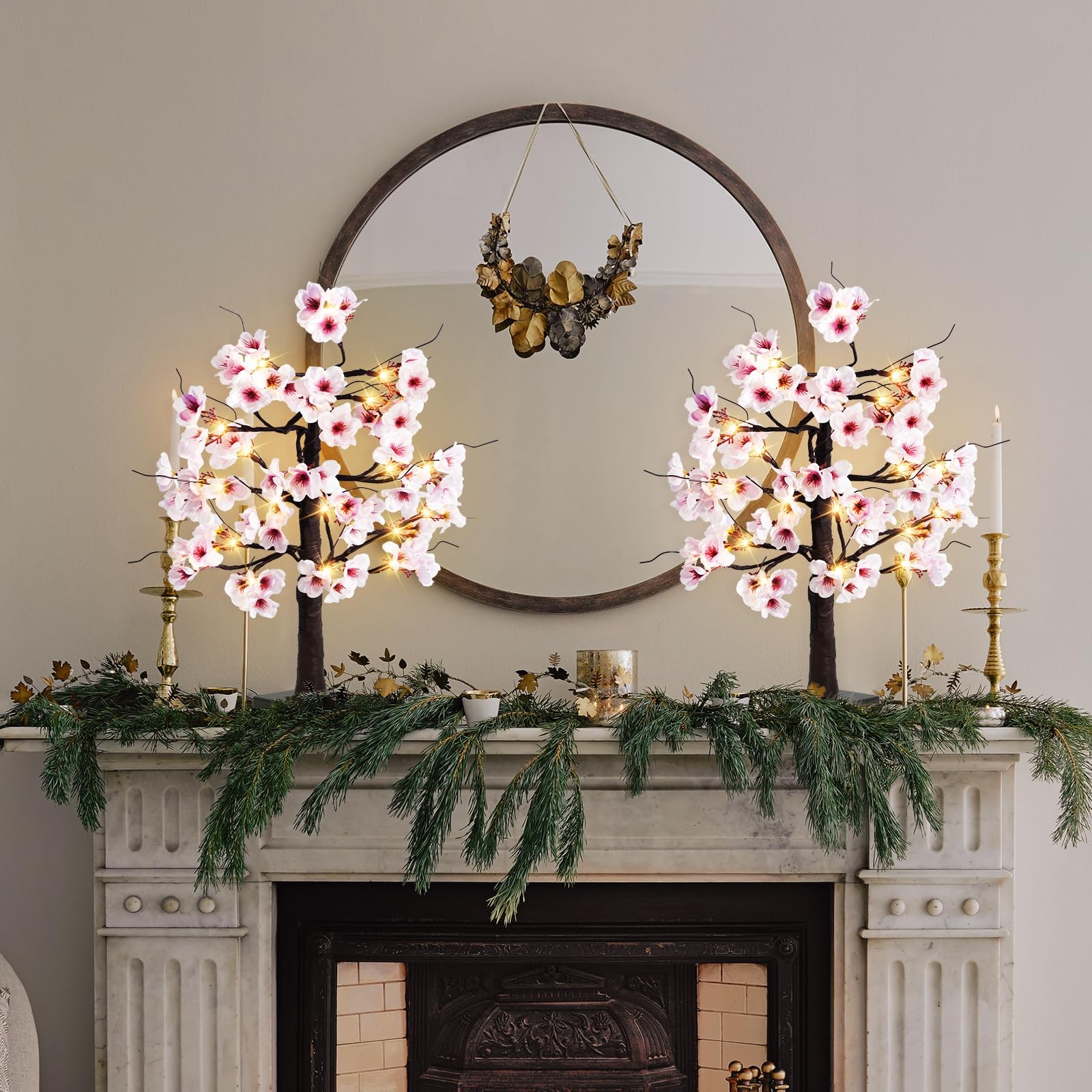 24 Inch Lighted Cherry Blossom Tabletop Artificial Bonsai Tree Timer Battery USB