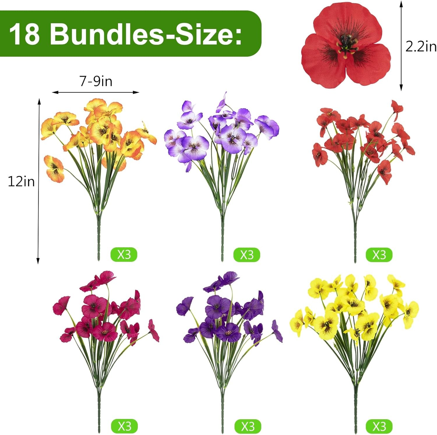 18 Bundles Faux Pansies Artificial Flowers Outdoor Fake Flower Bundles Synthetic