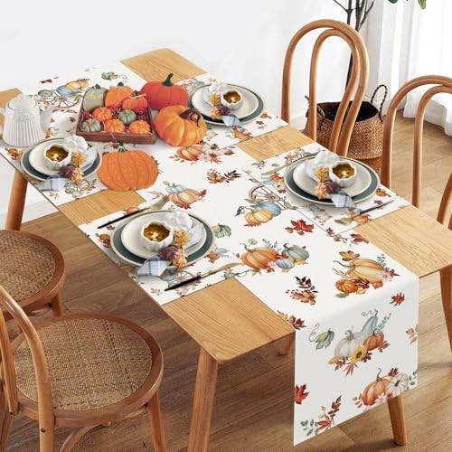 Fall Pumpkin Placemats Set of 4, 12×18 Inch Autumn Maple Leaves Pumpkin-3