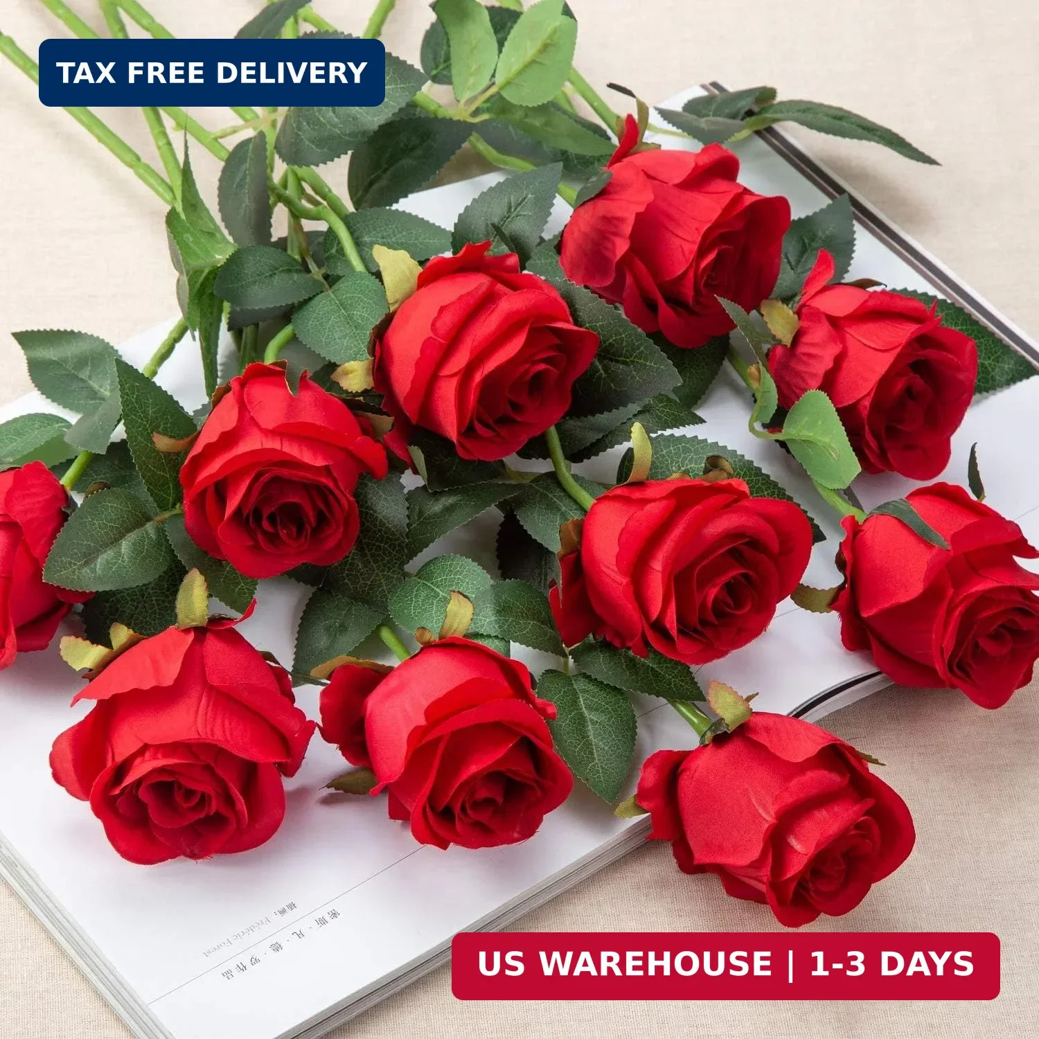 Flojery 10pcs Artificial Rose Flowers Long Stem Fake Silk Roses for DIY Wedding