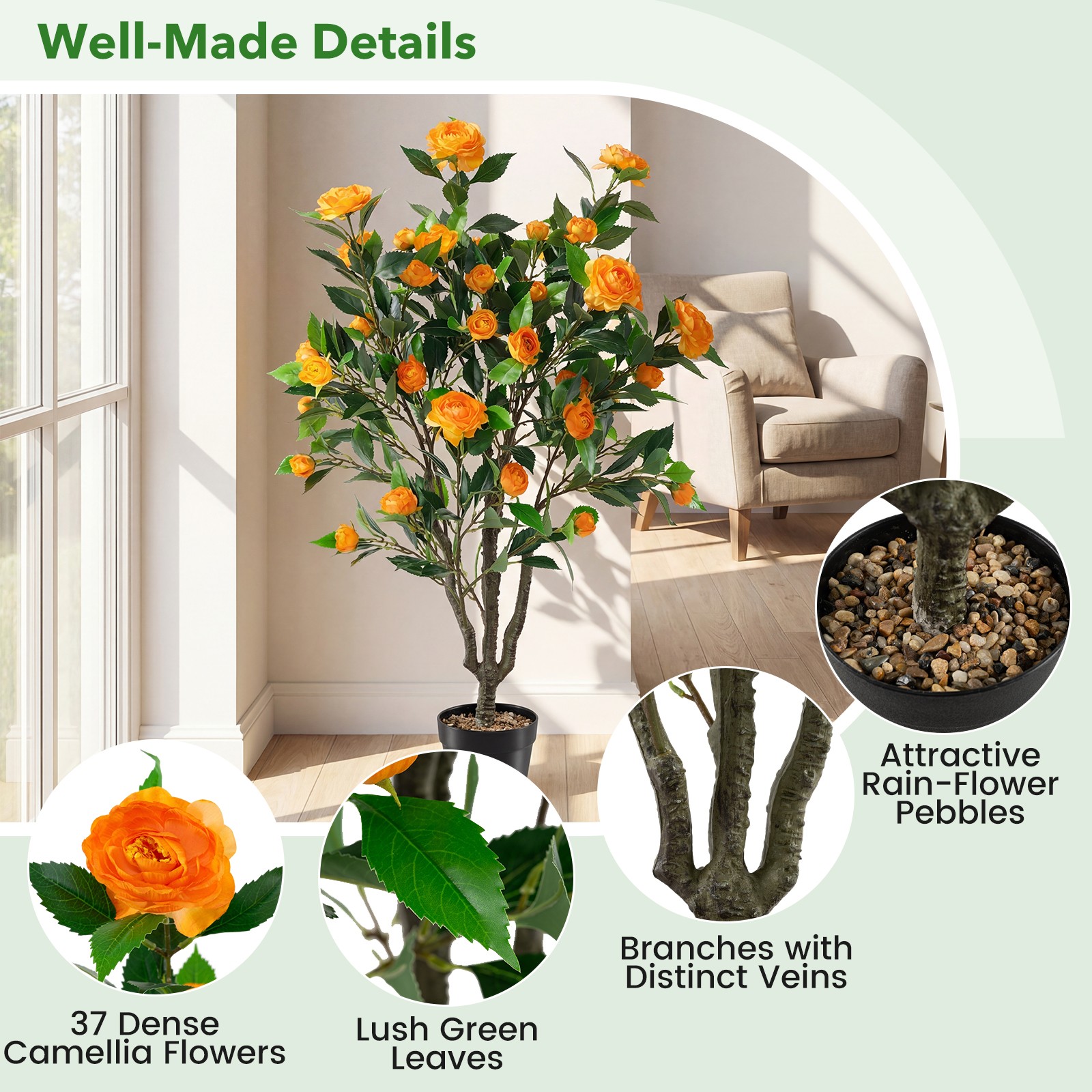 40″ Artificial Camellia Tree w/37 Flowers River Stones for Living Room Front