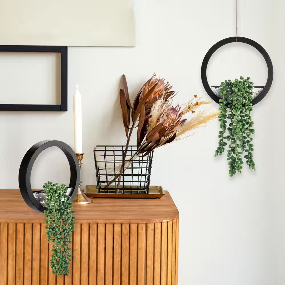 15.3 In. Green Fake Plants Hanging Artificial Succulents Plants in Black Pots, 2