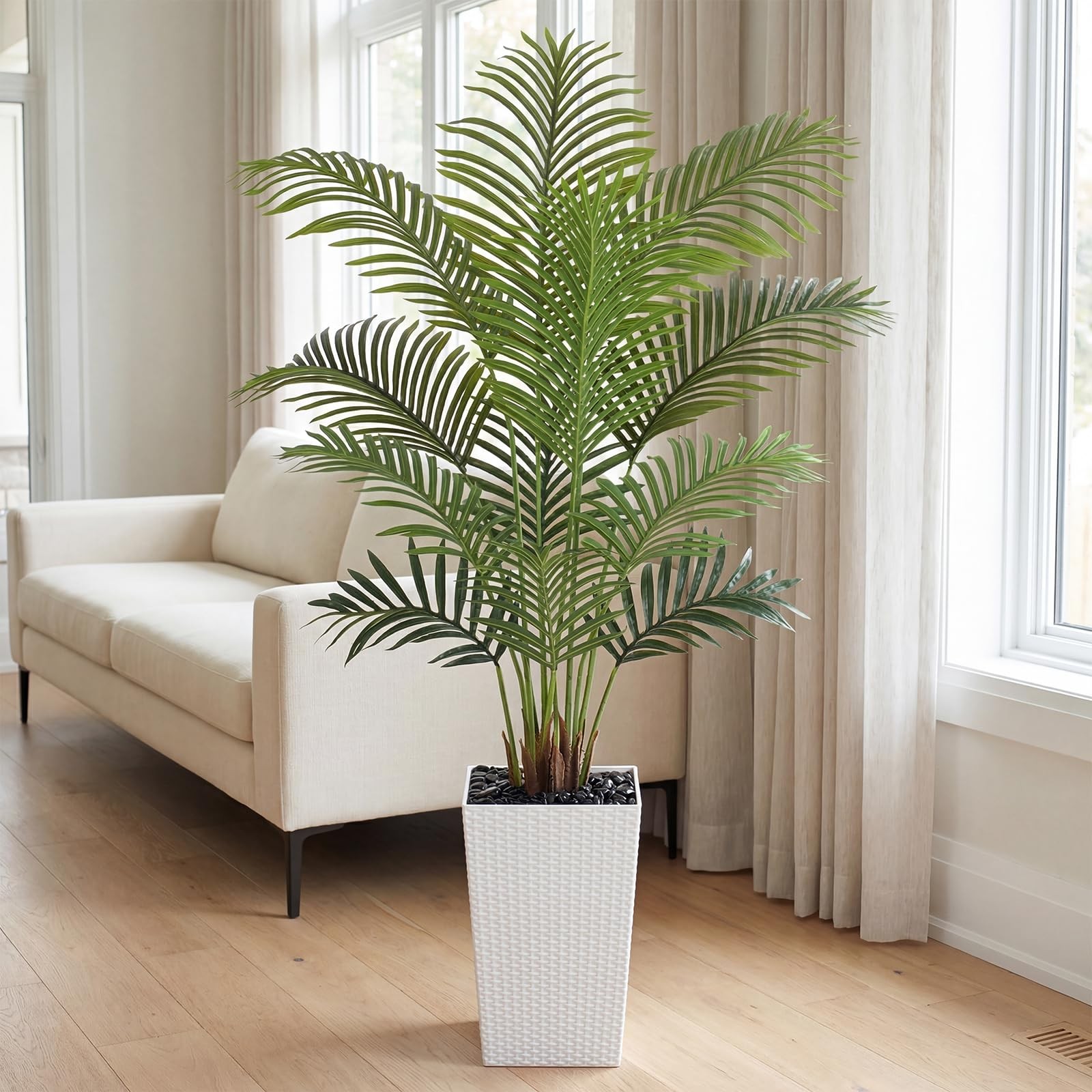 5ft Artificial Palm Tree with White Planter – Tall Fake Palm Tree Indoor Fake…