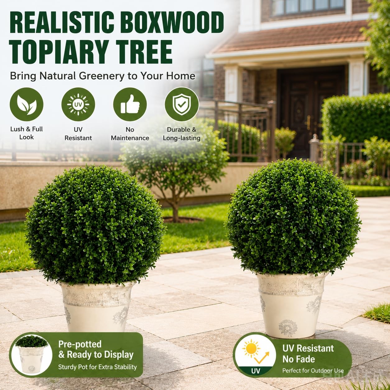Real Touch Leaves Artificial Topiary Trees, 24″ T with 17″ W Faux Boxwood, Se…