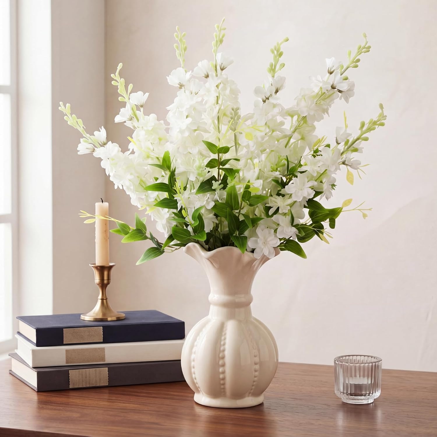 12 Pcs 33.5″ Tall White Delphinium & Clematis Silk Flowers for Home Decor