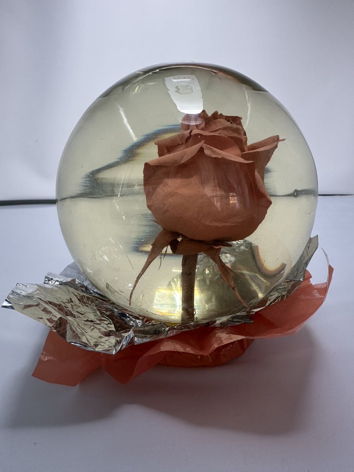 Vintage Suspended Rose Glass Bubble 6.5” tall by Mexiflower Orange Foil Netting
