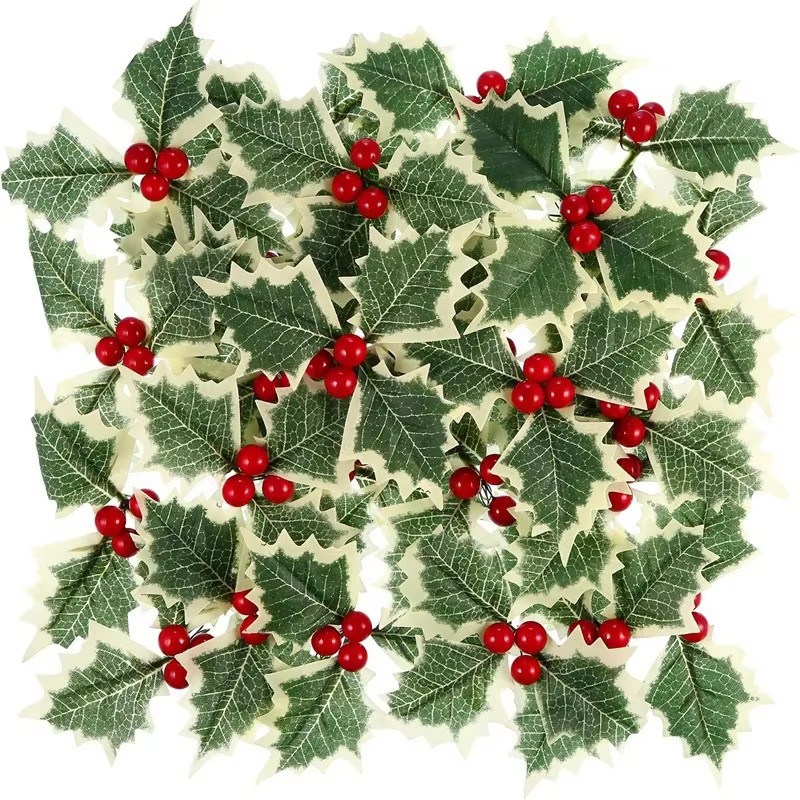 10/50pcs Artificial Holly Berries With Green Leaves DIY Christmas New Year Decor