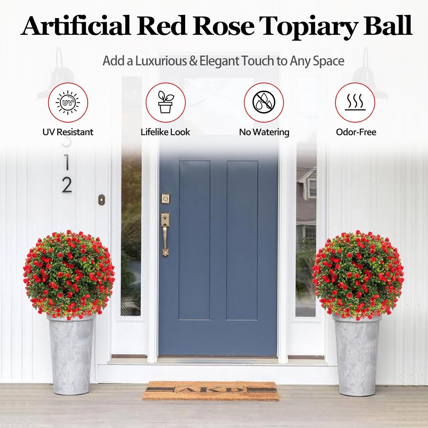 2 Set Artificial Rose Boxwood Topiary Ball Tree 26″ UV Resistant Faux Greenery