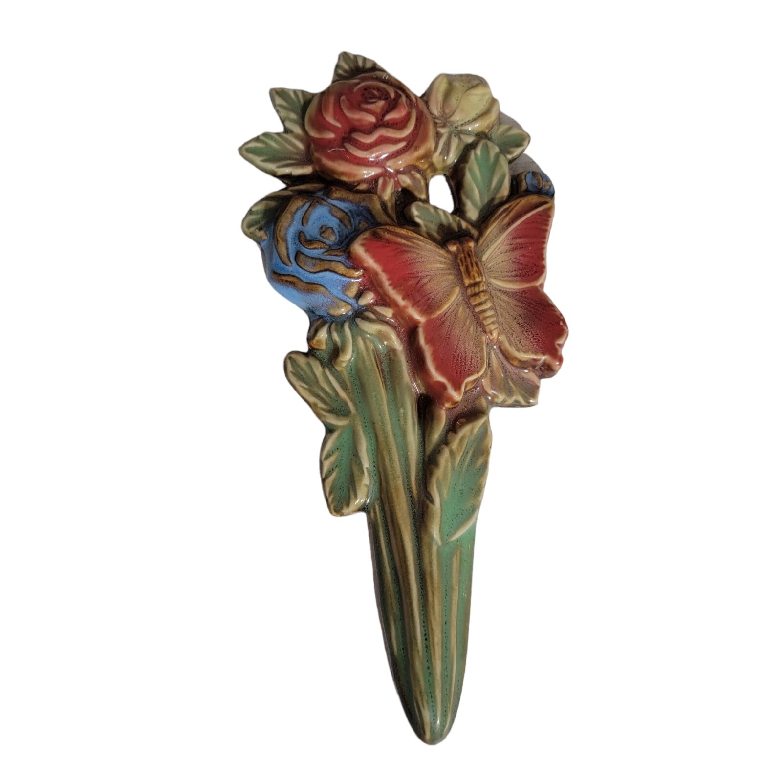 Porcelain glazed 9” Flower Bouquet Wall Hanging Roses butterfly blue green red