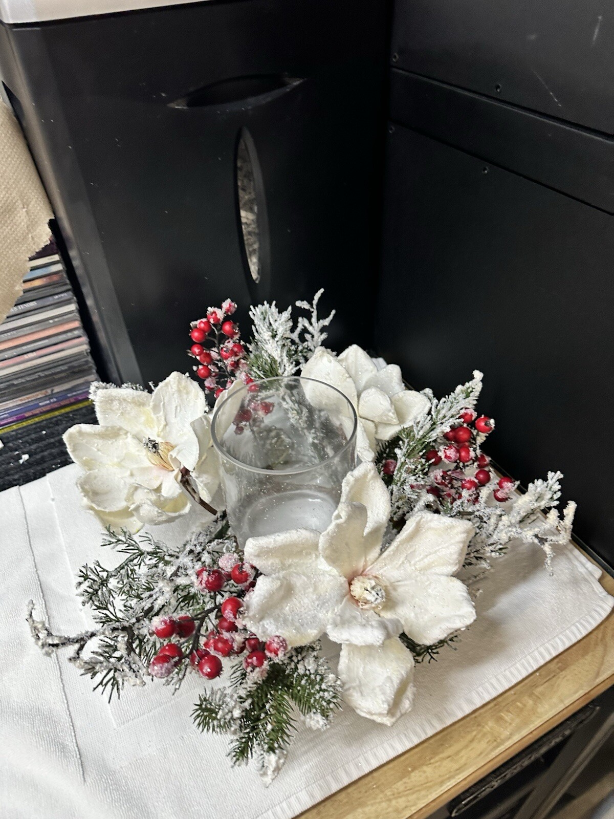 Frosted Magnolia & Red Berry Artificial Arrangement Candelabrum