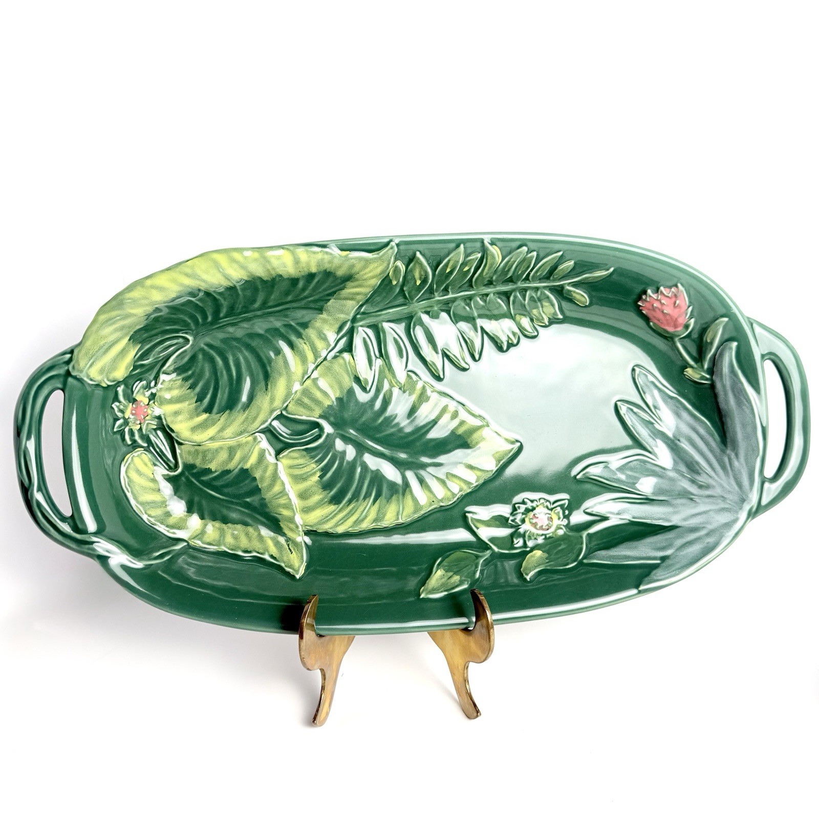 Opalhouse MAIOLICA STONEWARE GREEN LEAF FLORAL Decorative Tray 18″X9″ Handles