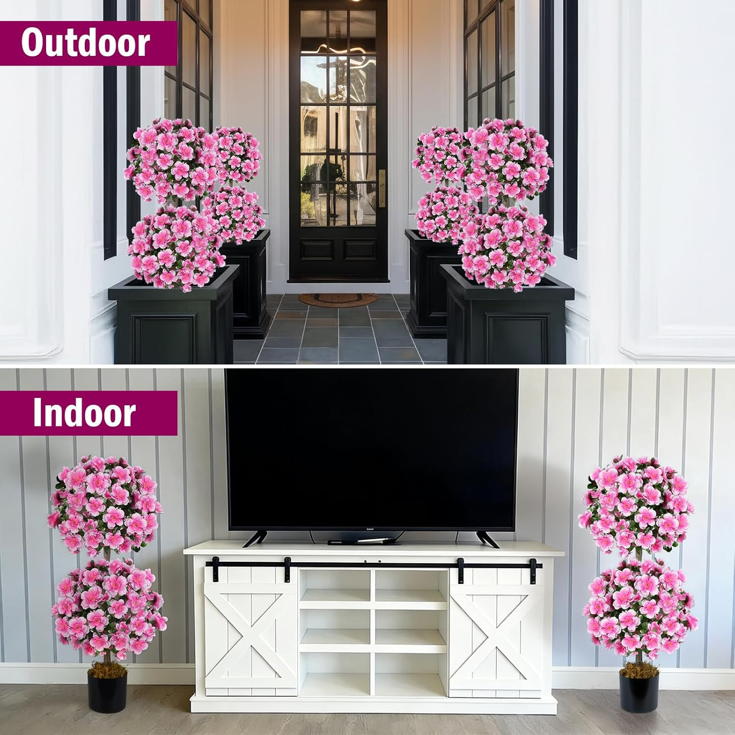 Double Ball Topiary Trees – 3FT Faux Camellia Plants Set of 2 for Decor