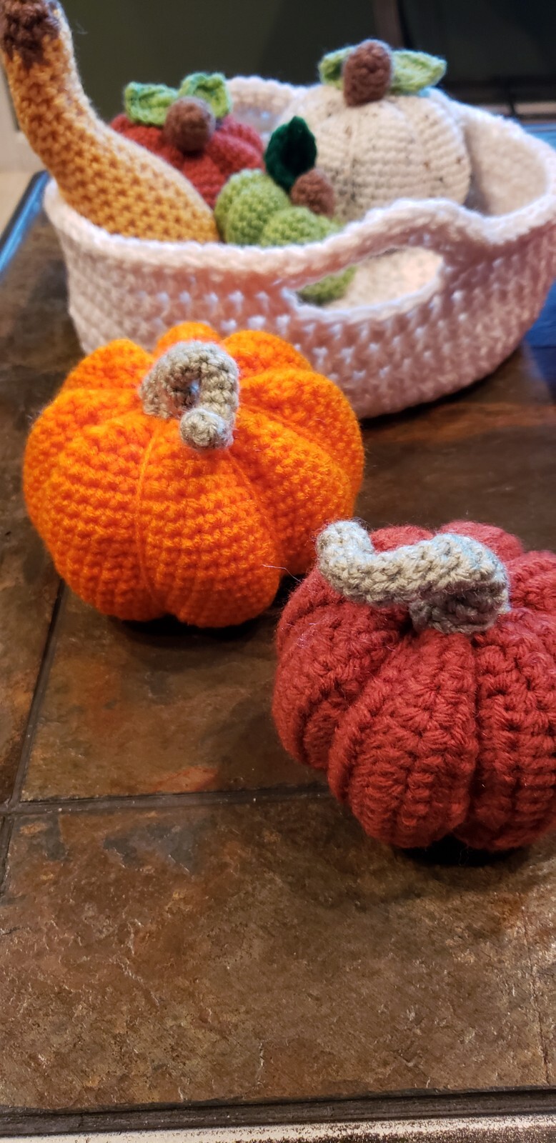 Crocheted Basket Pumpkins and Gourds Handmade Fall Decor 11 “X 11”