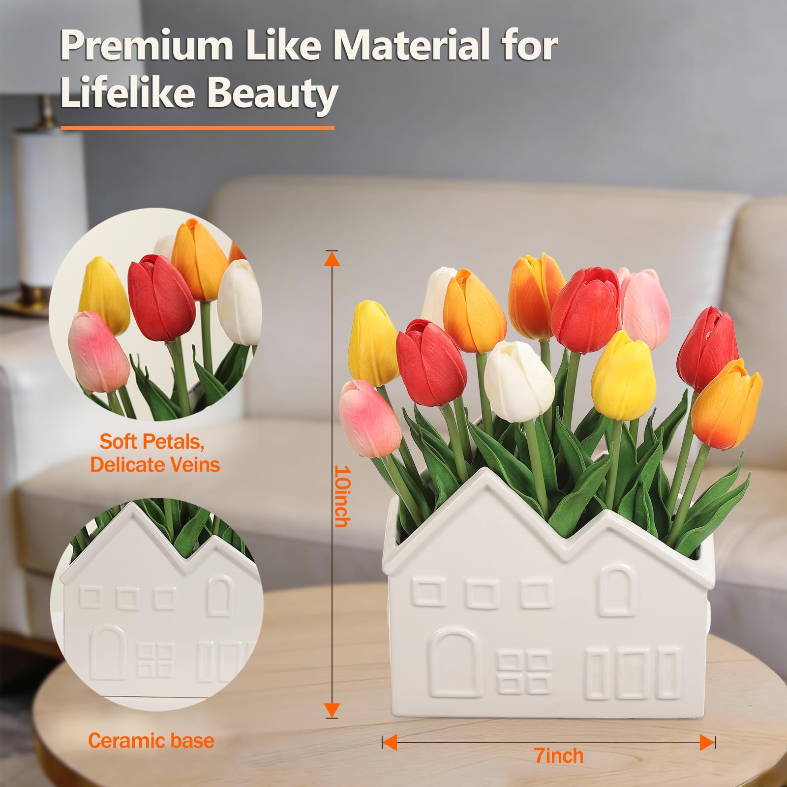 Artificial Tulips Flowers in Ceramic Pot, Real Touch Fake Tulips PU Flower Ar…