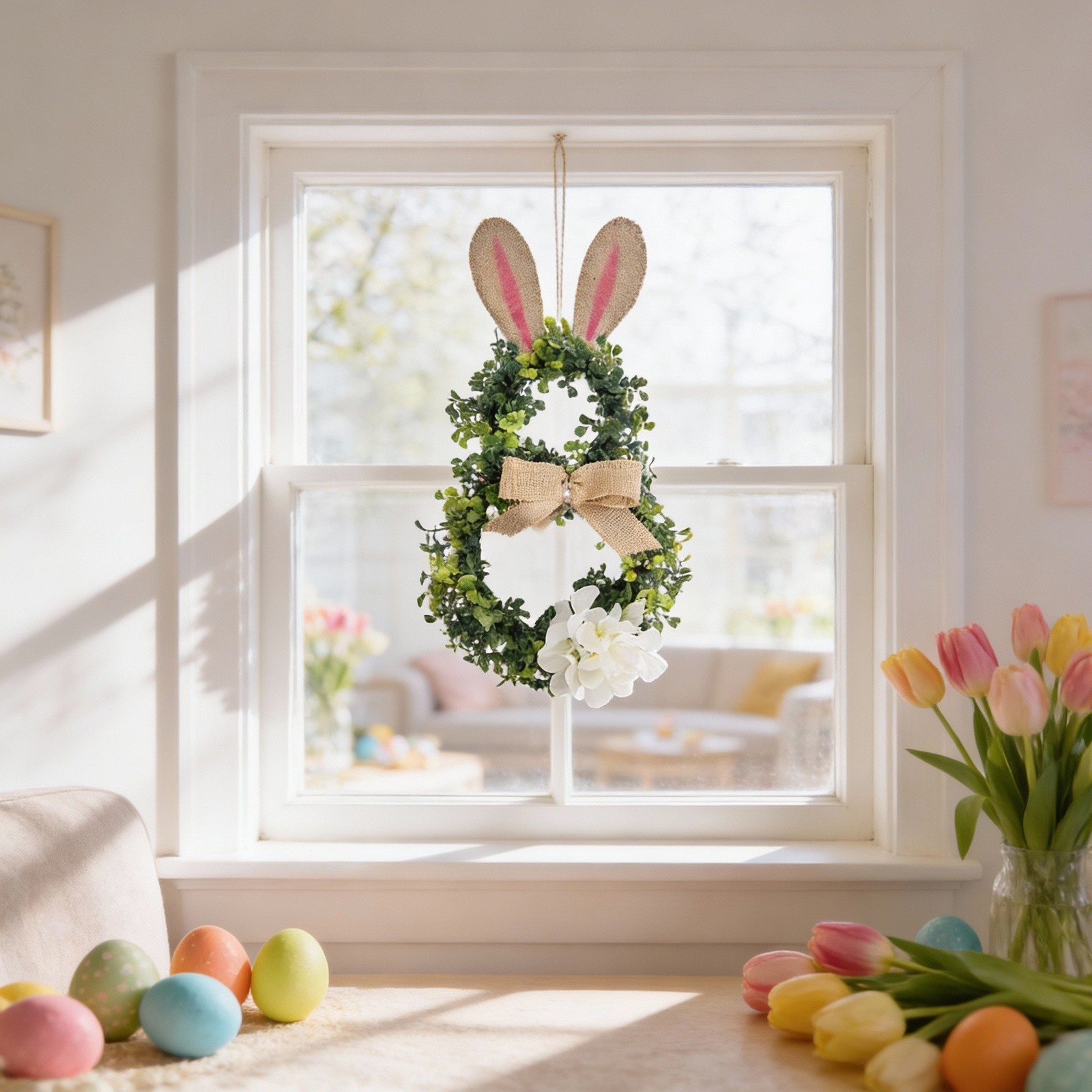 Easter Bunny Wreath Spring Home Entry Door Hanging Artificial Greenery 45cm