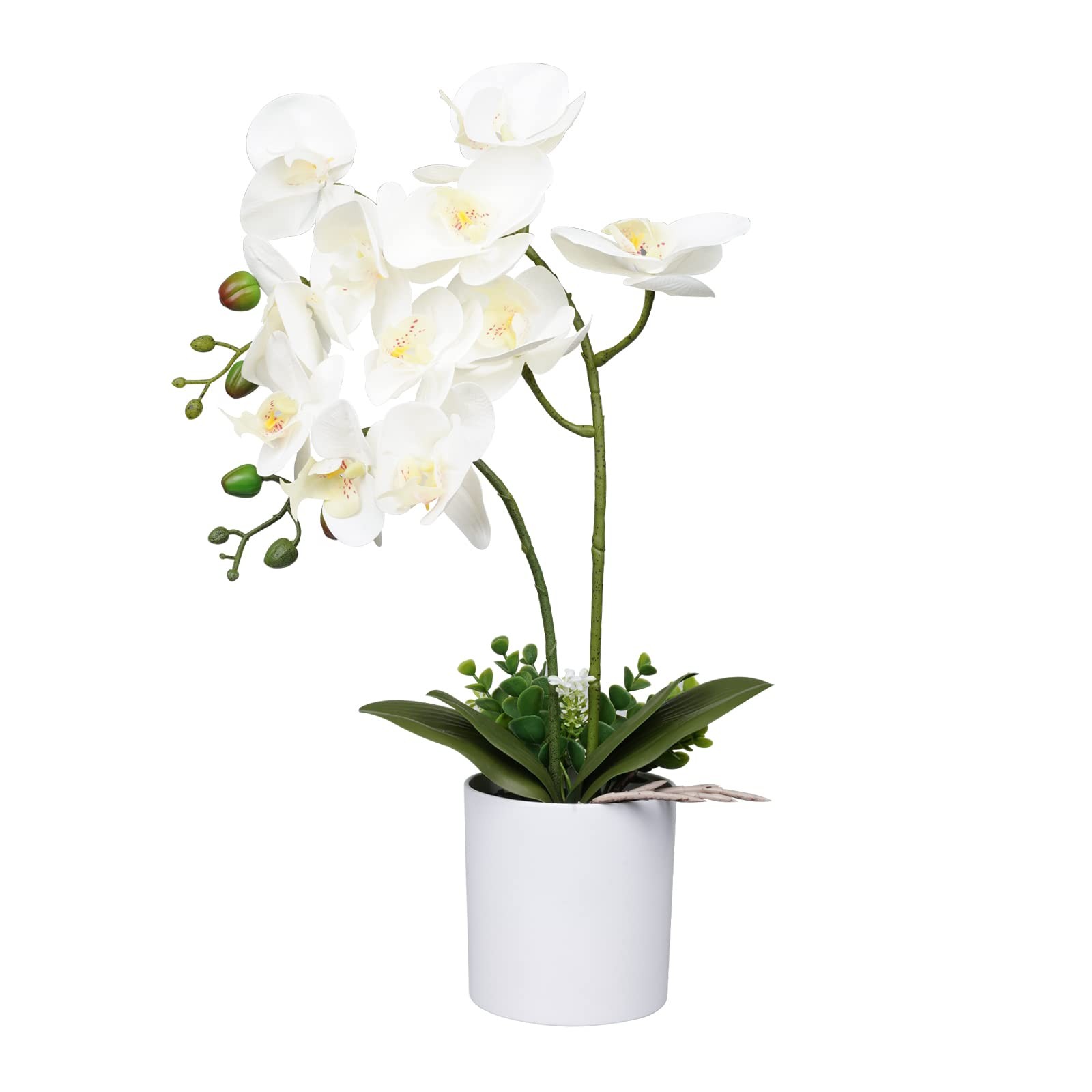 Artificial Orchid Flower Potted, 16.9″ White Orchid in Pot Faux Plant with 2