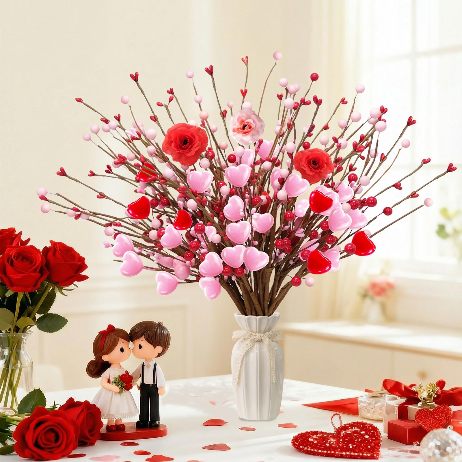 25Pcs Pink Heart Berry Picks with Red Berries Valentines Day Decorations – Ar…