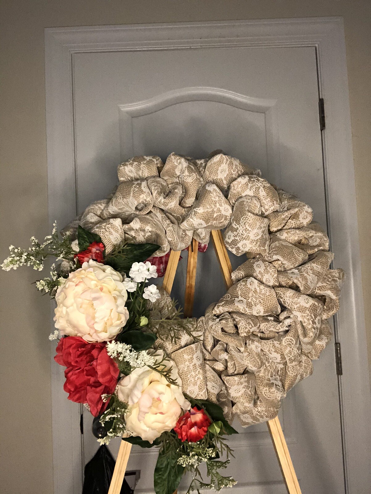 18” Front Door Wreath, Burlap And Flower – New Handmade