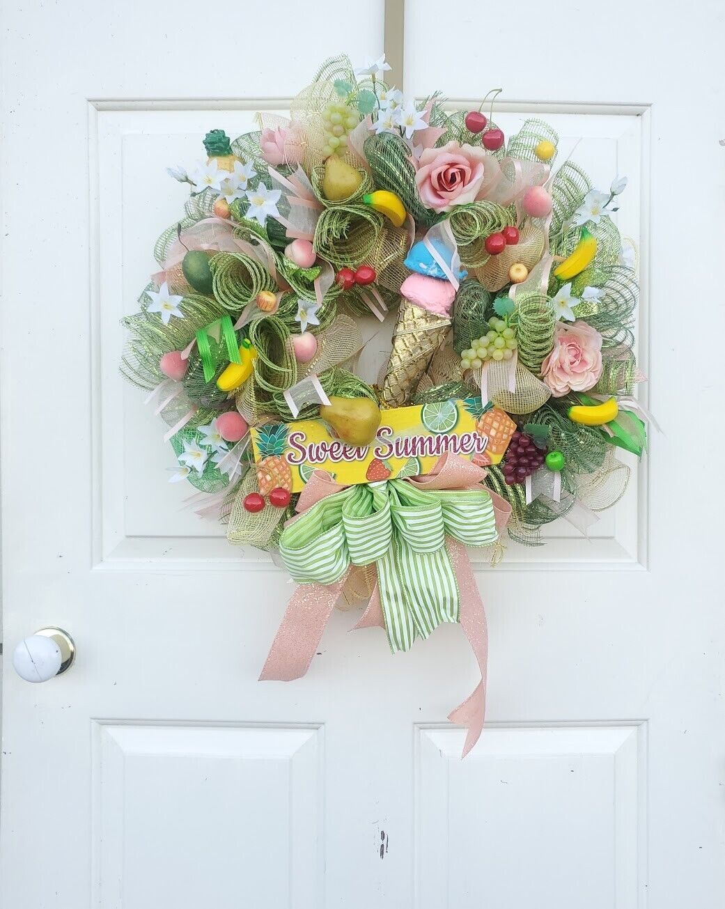 Summer Wreath Large 24″ Handmade Deco Mesh Front Door Ice Cream Cone Decoration