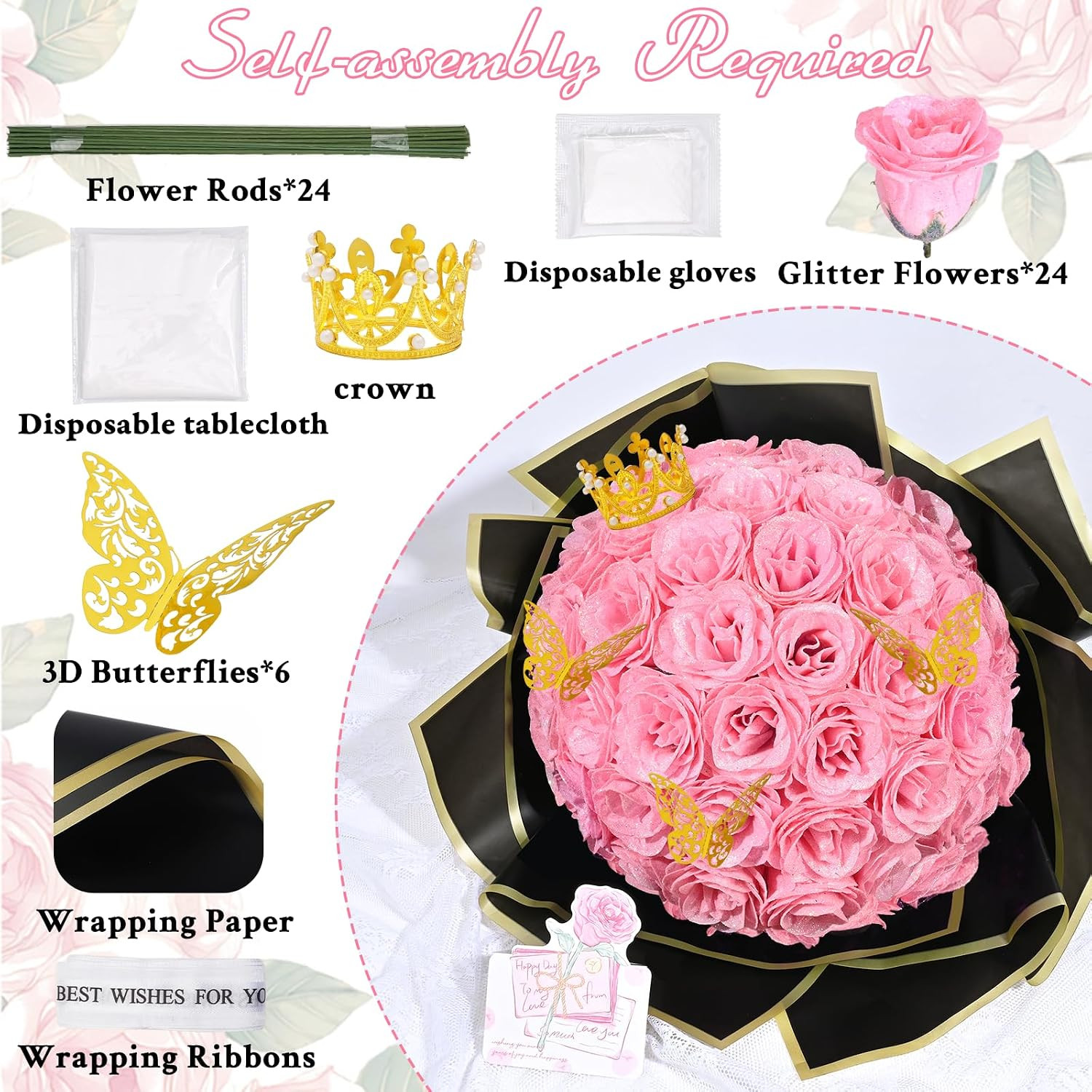 Pink Glitter Roses Bouquet, DIY Fake Flowers Bouquet, Everlasting Shiny Artifici