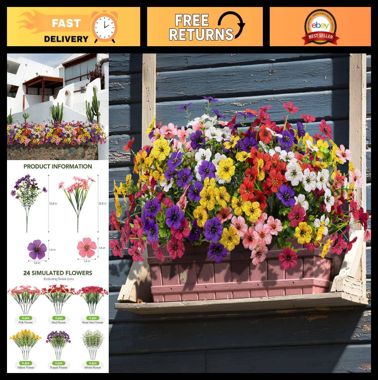 24 Bundles UV Resistant Artificial Flowers – Fake Silk Plants for Garden Decor