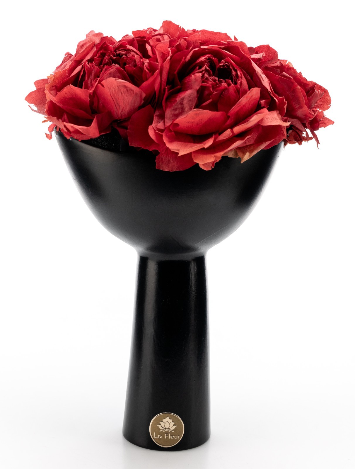 La Fleur Bouquets Red Peonies In 9″ Black Ceramic Vase Los Angeles 11.5″ USED