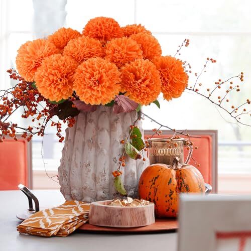 Pcs Artificial Chrysanthemums Flowers Ball Flowers Fake Mums Flowers 12 Orange