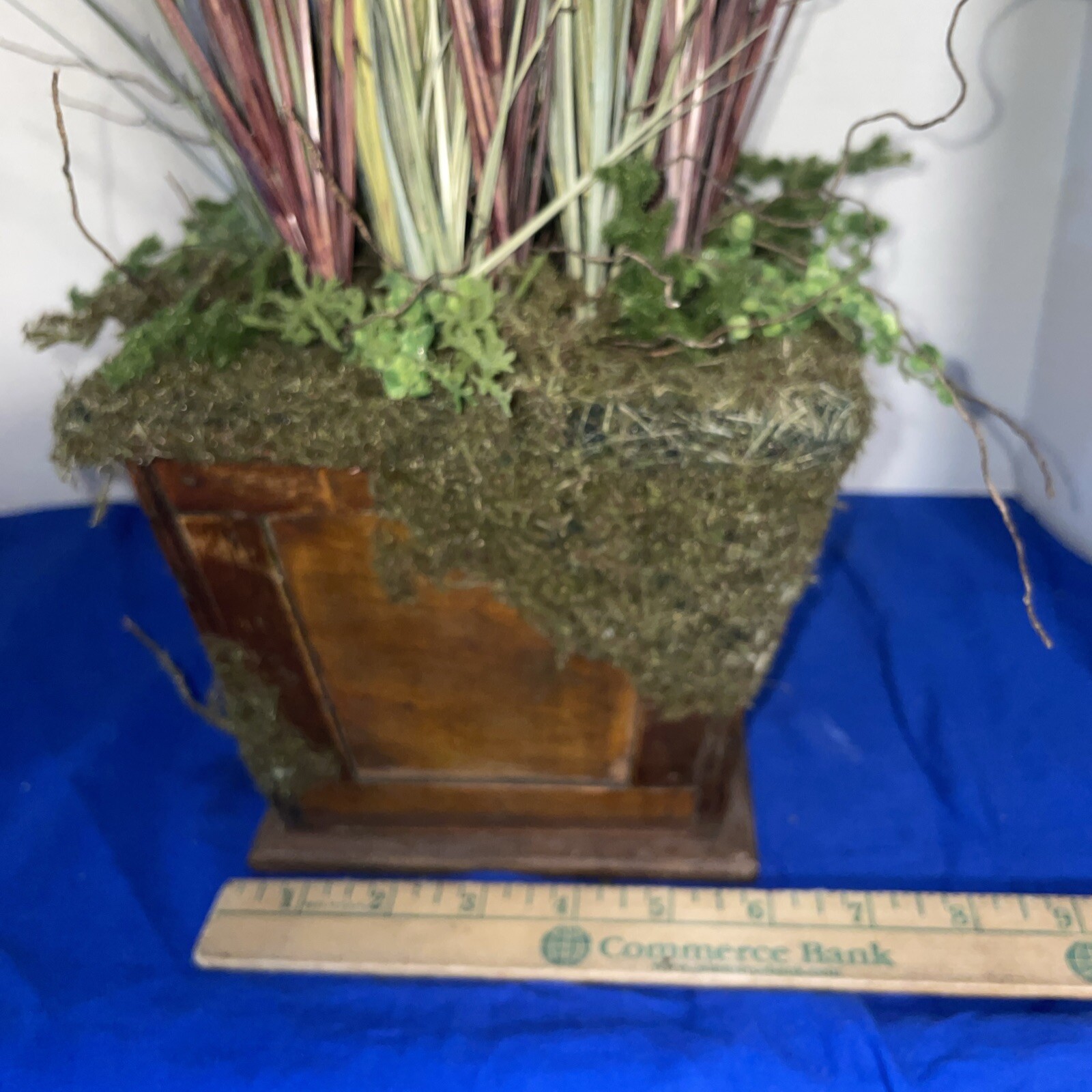 24″ Grass in Multiple Colors In Handcrafted Wood &Wicker Pot W/Moss- Estate Find