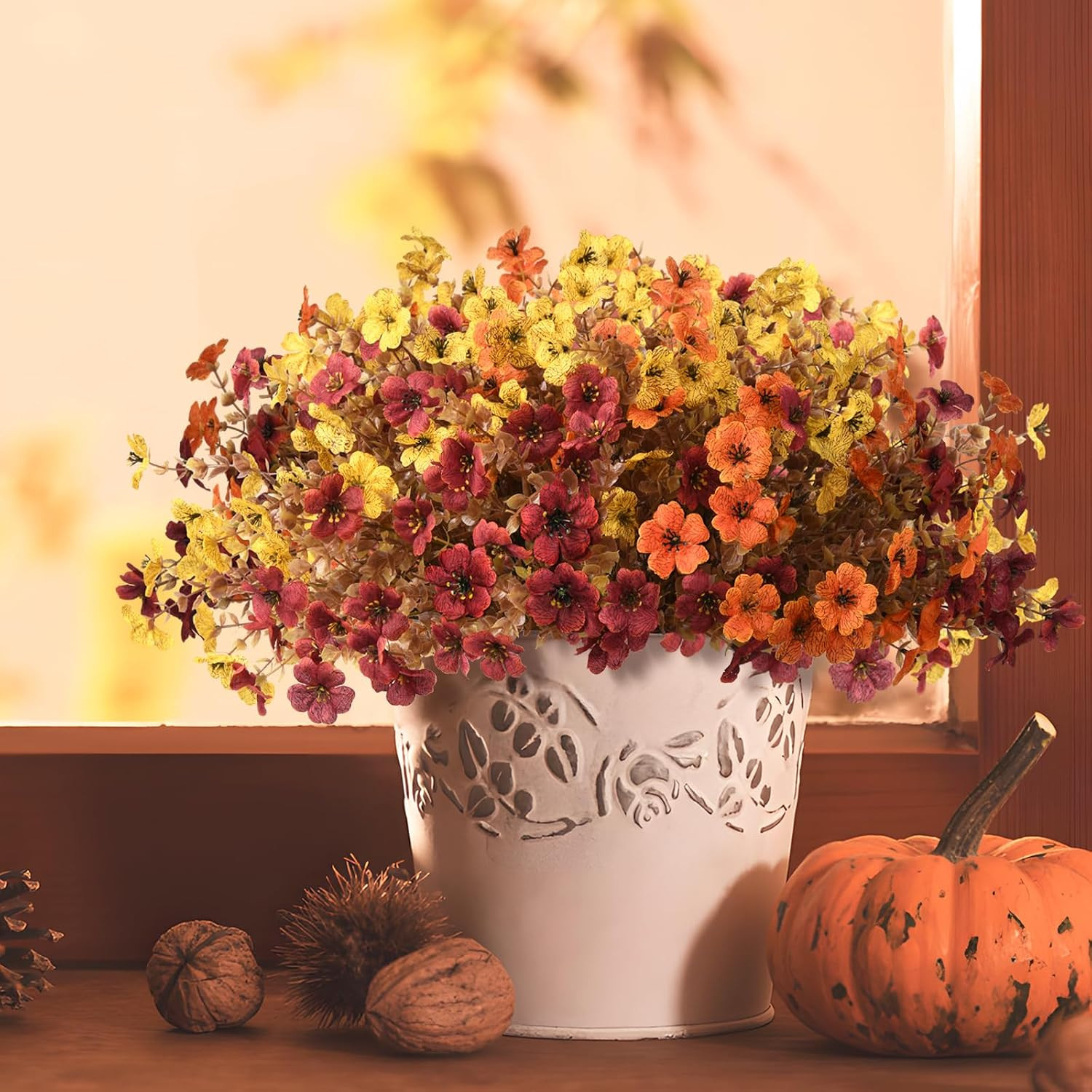 Vibrant Faux Fall Hanging Baskets – UV Resistant Mums for Outdoor Decor