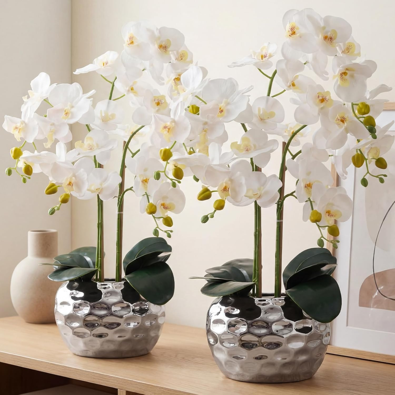2 Pack White Faux Orchid Flowers with Ceramic Pot for Home Décor