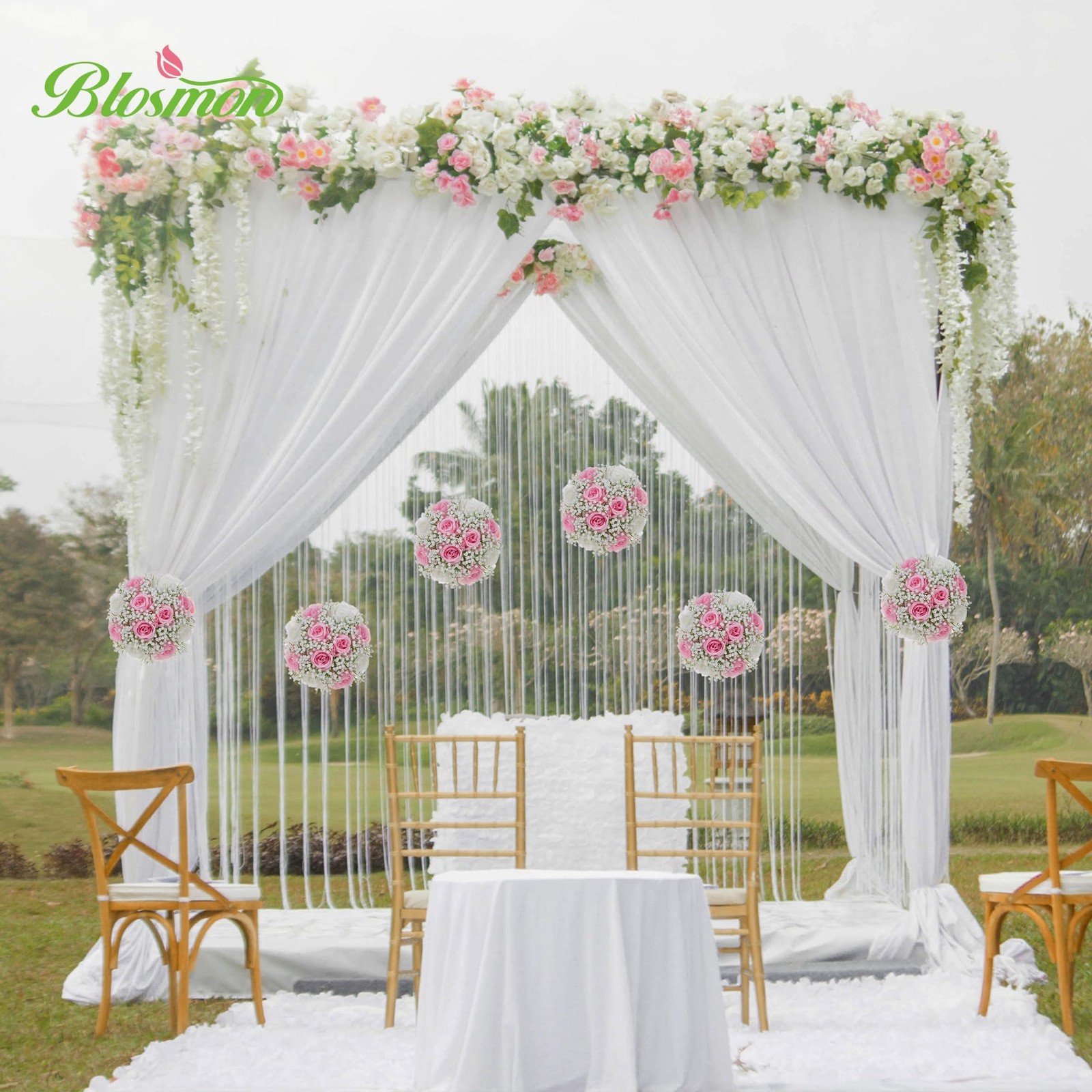 2 PCS Fake Pink Rose Baby’s Breath Artificial Flower Ball Centerpieces For Table
