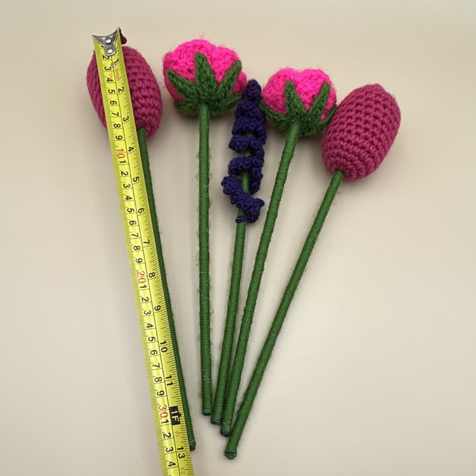 Handmade Yarn Crochet Flower Bouquet Pink Purple Green Rose Lavender Tulip