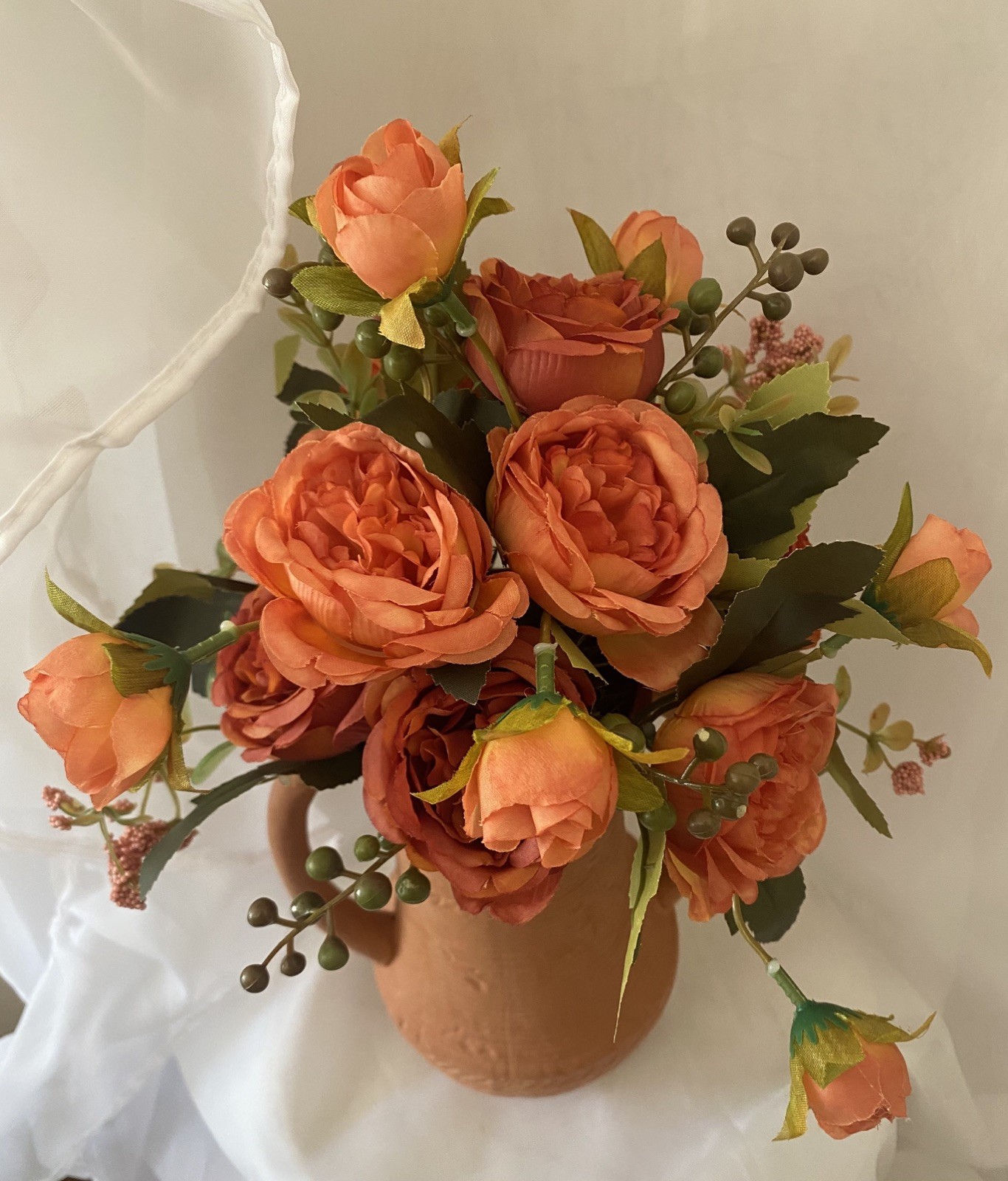 Terracotta Vase Summer Orange Peonies Table / Shelf Centerpiece Flower Floral